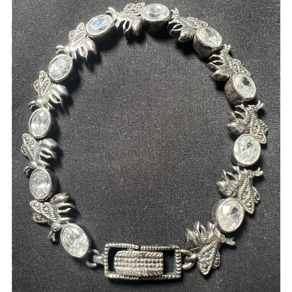 Sterling Silver Figural BEE Oval CZ  Crystal Marcasite Tennis Bracelet - Picture 3 of 9
